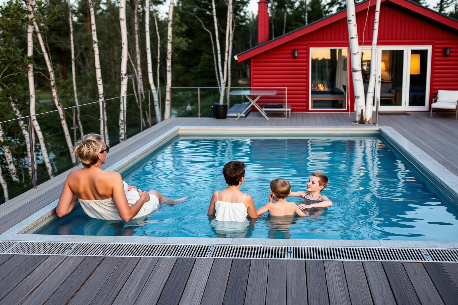Familj njuter av sin pool i solnedgången