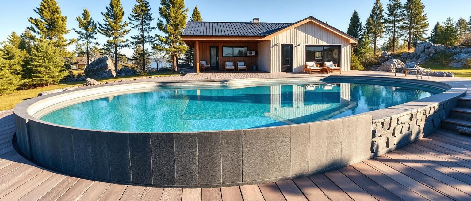 Platsgjuten betongpool med ljus stenkant vid nordisk villa i sommarljus