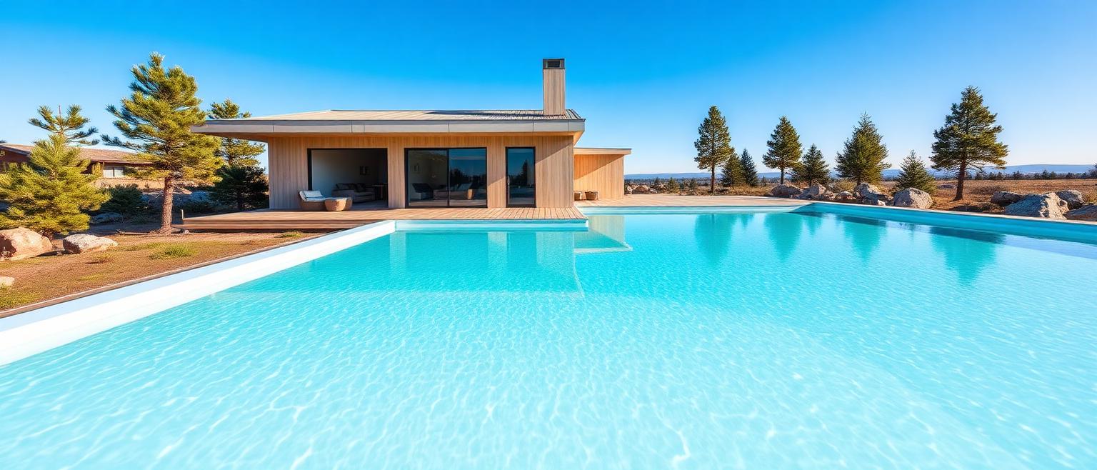 Glasfiberpool med turkost vatten vid modern skandinavisk villa en ljus sommardag