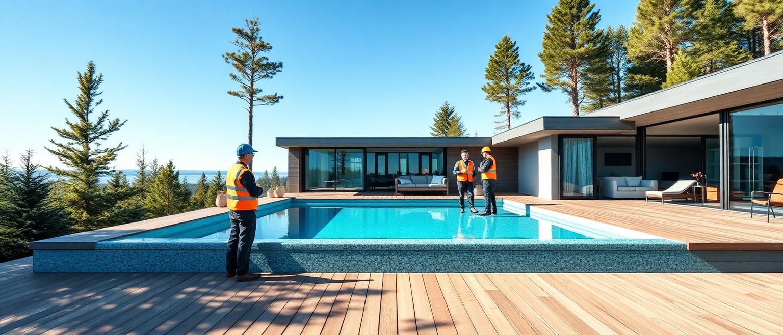 Pool med turkost vatten vid modern skandinavisk villa en ljus sommardag