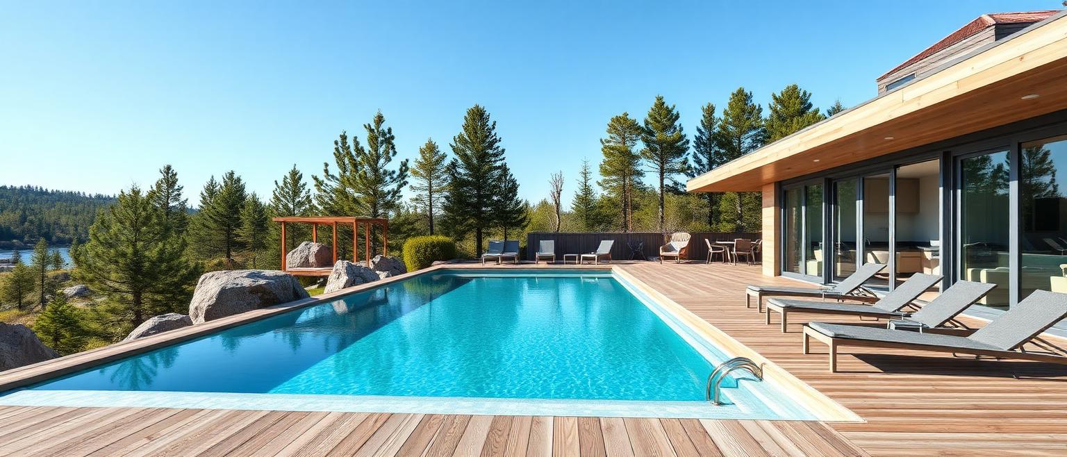Modern pool med turkost vatten och trädäck vid skandinavisk villa en ljus sommardag